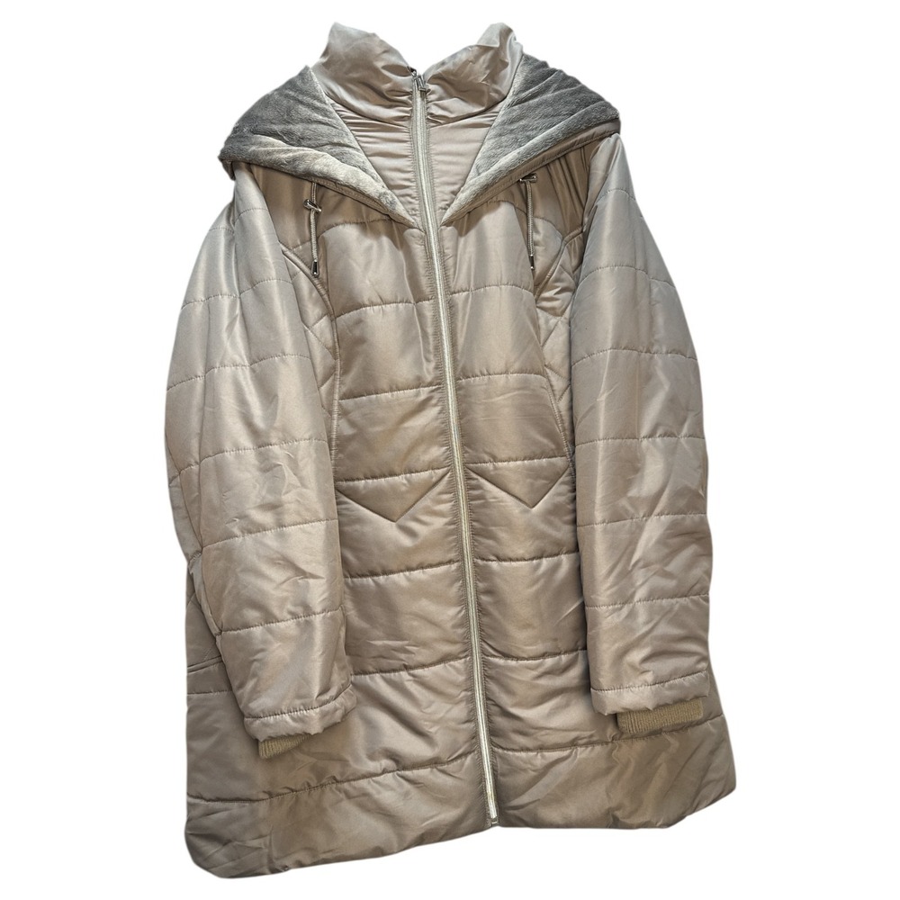 Susan‎ Graver Quilted Puffer Hooded Coat Mid-Length Taupe Faux Fur Size 2XL